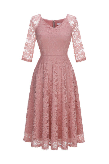 Blush V-Neck 3/4 Sleeves Lace Party Dress